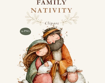 Clipart della Natività della Sacra Famiglia, 12 immagini PNG di Natale cristiano ad acquerello
