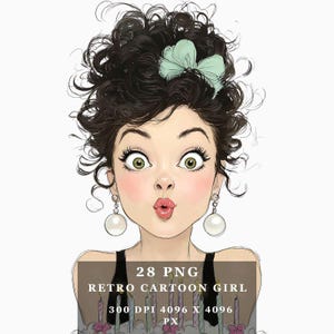 Retro Cartoon Girl PNG Bundle – 28 Sassy Cute Fashion Girl Illustrations for Sublimation, T-Shirts, Stickers, DTG, Crafts & More