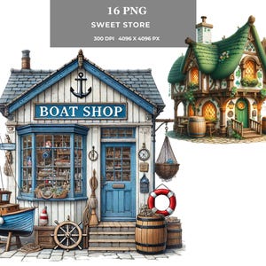 Cute Whimsical Store Clipart – Charming Shopfront PNG Bundle, Fantasy Boutique Digital Art for Cards, Stickers, Sublimation & POD