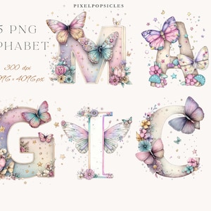 May include: Watercolor alphabet letters decorated with butterflies, flowers, and stars. The letters are in pastel colors, with the text "35 PNG ALPHABET" and "300 dpi 4096 x 4096 px" in the upper left corner.