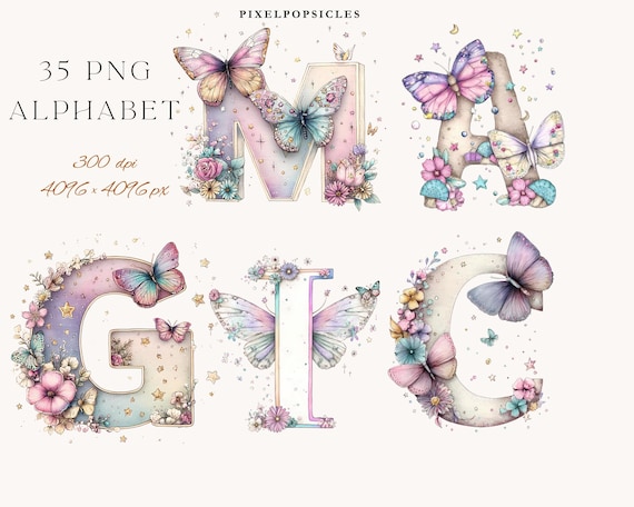 Watercolor Fairy Alphabet Clipart: Flower Letters, Nursery Decor (Digital Download)