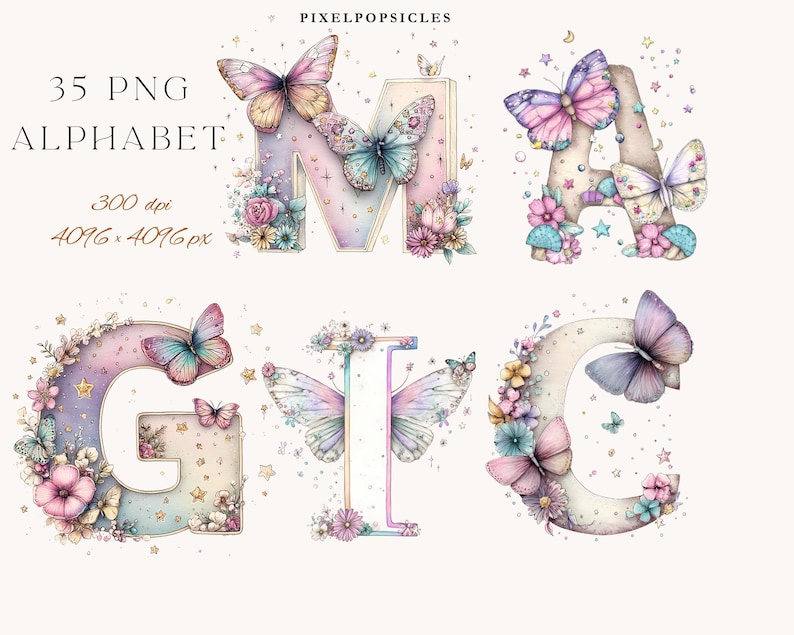 May include: Watercolor alphabet letters decorated with butterflies, flowers, and stars. The letters are in pastel colors, with the text "35 PNG ALPHABET" and "300 dpi 4096 x 4096 px" in the upper left corner.