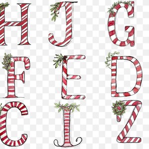 May include: Nine festive letters in a candy cane design, featuring red and white stripes and green leaf sprigs. The letters are H, J, G, F, E, D, C, I, and Z. The style is hand-drawn with a watercolour effect.
