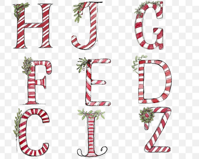 May include: Nine festive letters in a candy cane design, featuring red and white stripes and green leaf sprigs. The letters are H, J, G, F, E, D, C, I, and Z. The style is hand-drawn with a watercolour effect.