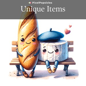 May include: A cartoon baguette and a cartoon wheel of brie cheese are sitting on a wooden bench. The baguette is wearing brown shoes and the brie is wearing a blue beret and blue jeans. There are three pink hearts floating above them.