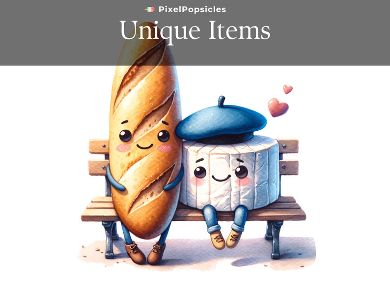 May include: A cartoon baguette and a cartoon wheel of brie cheese are sitting on a wooden bench. The baguette is wearing brown shoes and the brie is wearing a blue beret and blue jeans. There are three pink hearts floating above them.