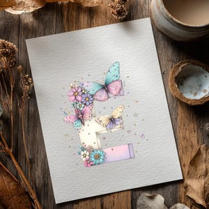 May include: A watercolor print of the letter "E" decorated with butterflies and flowers in pastel colors. The butterflies have blue, pink, and yellow wings. The flowers are pink, blue, and purple. The print is on a white background.