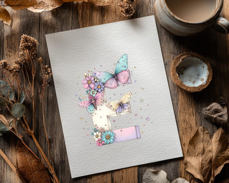 May include: A watercolor print of the letter "E" decorated with butterflies and flowers in pastel colors. The butterflies have blue, pink, and yellow wings. The flowers are pink, blue, and purple. The print is on a white background.
