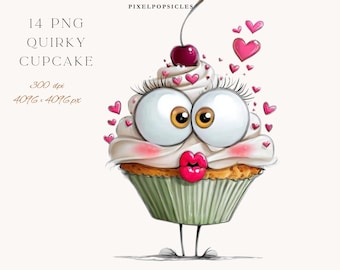 Quirky Cupcake Clipart: 12 PNG Illustrations Digital Download - Cartoon Dessert Graphics with Eyes