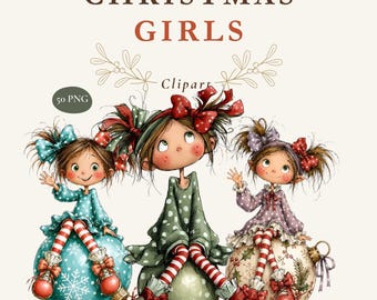 Christmas Girls Clipart, 50 Watercolor Holiday Character PNGs