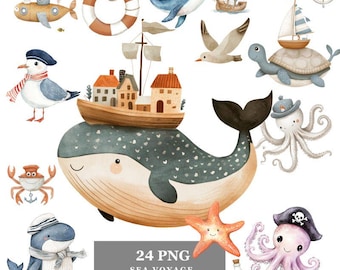 See Reise Aquarell Clipart: Kinderzimmer Illustration (PNG Digital Download)