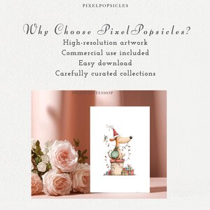 May include: A digital print featuring a cartoon dog wearing a red Santa hat, sitting on a gift box while tangled in Christmas lights. Text reads: PIXELPOPSICLES, Why Choose PixelPopsicles?, High-resolution artwork, Commercial use included, Easy download, Carefully curated collections, PIXELPETITESHOP.