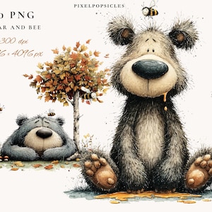 May include: A watercolour illustration featuring two cartoon bears and bees. One bear sits upright with honey dripping, the other reclines. A small tree with autumn leaves is between them. The image includes the text "10 PNG Bear and Bee 300 dpi 4096 x 4096 px".