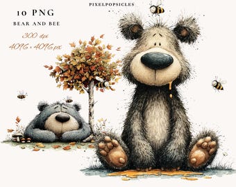 Watercolor Bear Clipart with Autumn Leaves & Bee - Nursery Decor Digital Download PNG