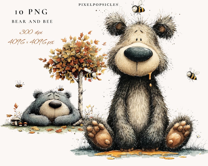 May include: A watercolour illustration featuring two cartoon bears and bees. One bear sits upright with honey dripping, the other reclines. A small tree with autumn leaves is between them. The image includes the text "10 PNG Bear and Bee 300 dpi 4096 x 4096 px".