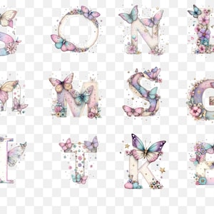 May include: Watercolor alphabet letters decorated with butterflies and flowers in pastel colors. Each letter is unique, with varying butterfly and floral arrangements. The letters are in a whimsical, decorative style, suitable for crafts or personalized designs.