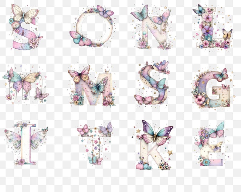 May include: Watercolor alphabet letters decorated with butterflies and flowers in pastel colors. Each letter is unique, with varying butterfly and floral arrangements. The letters are in a whimsical, decorative style, suitable for crafts or personalized designs.