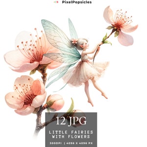 10 Watercolor Little Fairy with Flowers Clipart - Fantasy Jpg Digital Image Downloads for Card Making, Scrapbook, Junk Journal, Paper Crafts