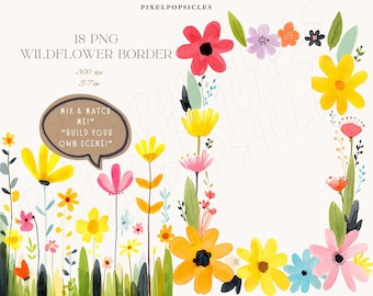 Watercolor Wildflower Border Clipart, Gold Leaves Border (Digital Download) 1#