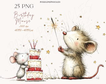 Puede incluir: Ilustración en acuarela de dos ratones celebrando un cumpleaños. Uno sostiene una bengala encendida, el otro está junto a una tarta de tres pisos con velas. La imagen incluye el texto: "25 PNG Birthday Mouse 300 dpi 4096 x 4096 px".