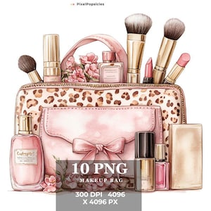 Paquete de imágenes prediseñadas de neceseres, acuarela PNG de alta calidad, ilustraciones de belleza cosmética, sublimación de vasos, scrapbooking y diario.