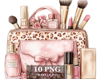 Makeup Bag Clipart Bundle, High-Quality Watercolor PNG, Cosmetic Beauty Illustrations Crafting, Tumbler Sublimation, Journaling Scrapbooking