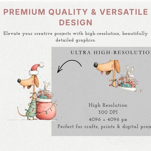 May include: A digital graphic featuring a cartoon dachshund wearing a Santa hat and green sweater, wrapped in colorful Christmas lights, standing next to a red sack filled with gifts. Text includes PREMIUM QUALITY & VERSATILE DESIGN, ULTRA HIGH-RESOLUTION, 300 DPI, and 4096 x 4096 px.