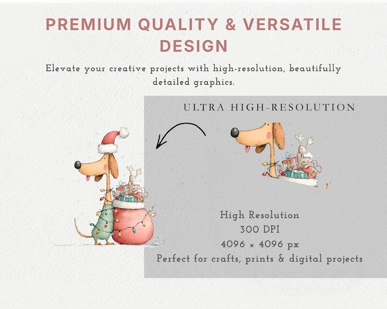 May include: A digital graphic featuring a cartoon dachshund wearing a Santa hat and green sweater, wrapped in colorful Christmas lights, standing next to a red sack filled with gifts. Text includes PREMIUM QUALITY & VERSATILE DESIGN, ULTRA HIGH-RESOLUTION, 300 DPI, and 4096 x 4096 px.