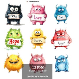13 Kids furry Quirky Friends clipart , Feelings clip art, Color emotions png, emotion faces, digital download, Personal and Commercial use