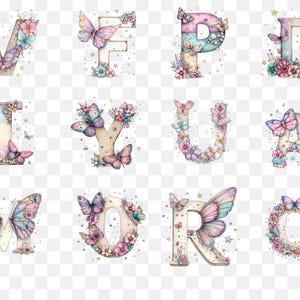 May include: Watercolor alphabet letters decorated with butterflies and flowers in pastel colors. Each letter is adorned with delicate floral arrangements and fluttering butterflies, creating a whimsical and artistic design.