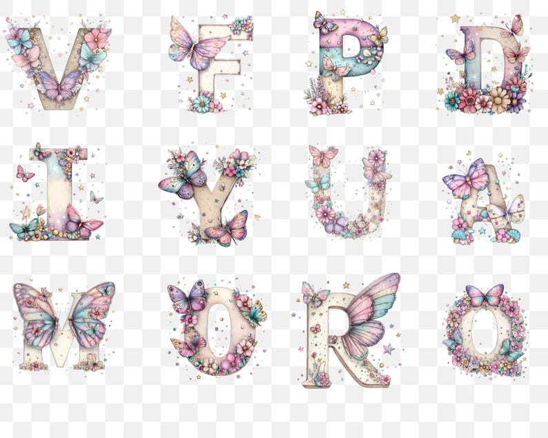 May include: Watercolor alphabet letters decorated with butterflies and flowers in pastel colors. Each letter is adorned with delicate floral arrangements and fluttering butterflies, creating a whimsical and artistic design.