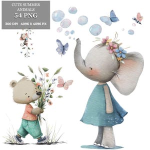 Cute Summer Animals Clipart, 54 Sunny Animal Images PNG, Bunny Bear Digital Download, Card Making Junk Journal, PNG Wall Art Bundle