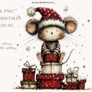 Può includere: Illustrazione ad acquerello di un topo natalizio con camicia a righe rosse e bianche e cappello da Babbo Natale. Il topo è seduto sopra una pila di scatole regalo rosse e bianche, con fiocchi di neve. Testo: "14 PNG CHRISTMAS MOUSE."