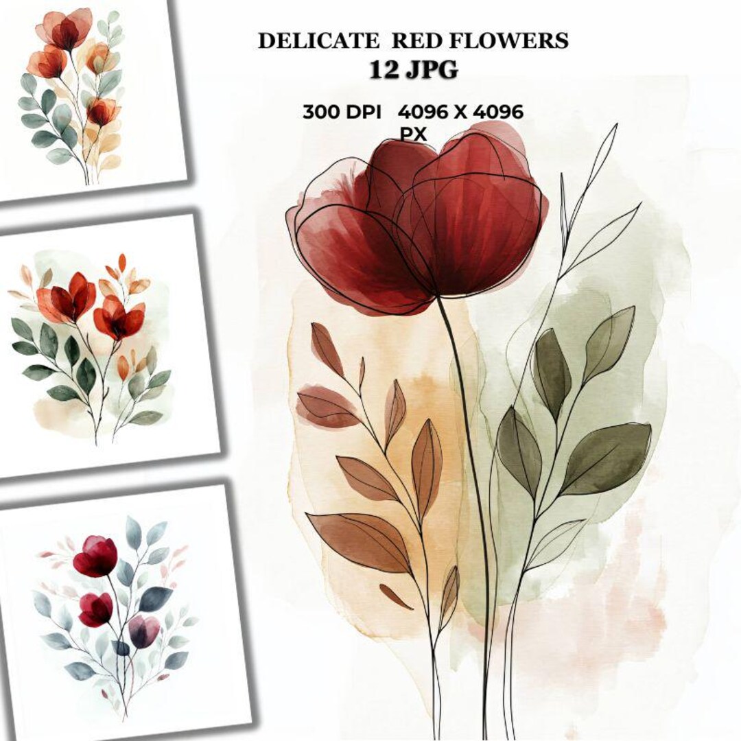 Red Watercolor Flower Art: Abstract Floral Illustration (JPG Digital ...