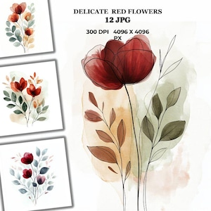 Rote zarte abstrakte Blumen JPG | Soft Aquarell Blumen Kunst | Digitale Illustration für Karten, Poster, Hochzeit Scrapbooking