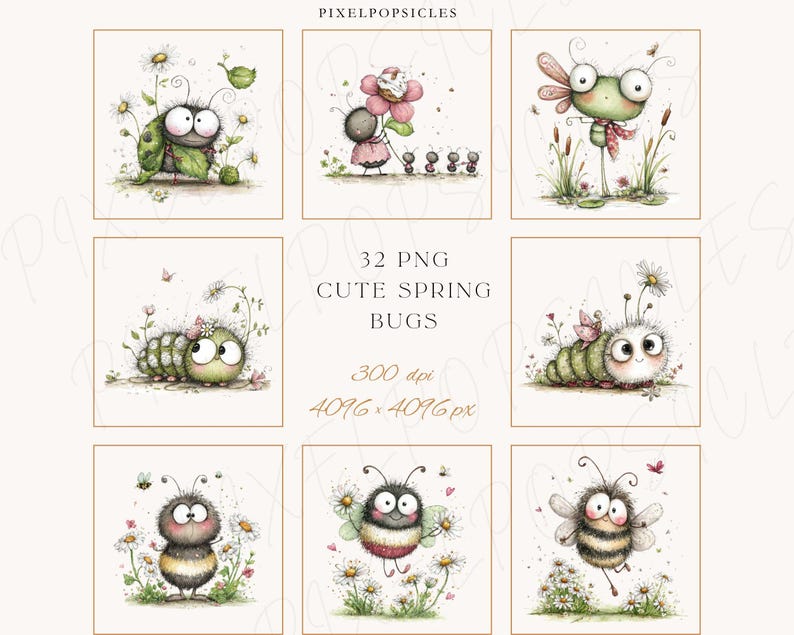 Spring Bugs Clipart Bundle: Watercolor Insects, Flowers, Kawaii ...