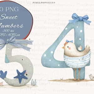 Puede incluir: Ilustración en acuarela de los números cuatro y cinco, decorados con lazos, estrellas de mar y un pollito. El número cuatro tiene un pollito con un atuendo a rayas azules y blancas. La imagen incluye el texto "Sweet Numbers".