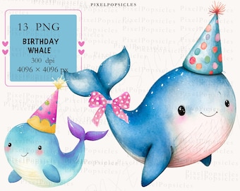 Whale Watercolor Clipart, Party Hat Whale, Nursery Art Print (Digital Download)