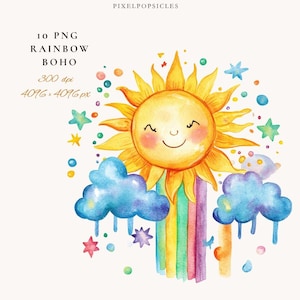 Boho Rainbow Clipart Bundle: Pastel Sun & Clouds (Digital Download)