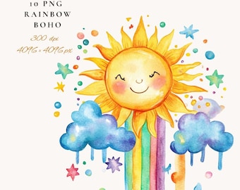 Boho Rainbow Clipart Bundle: Pastel Sun & Clouds (Digital Download) 1#