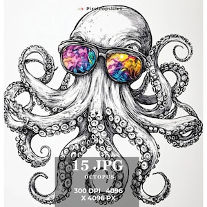 15 Octopus Clipart, Octopus Ink, Black White, Printable Watercolor clipart, High Quality JPG, Digital download, Paper craft, junk journals