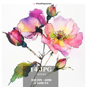 14 Rose Ink Art Clipart, chinesischer Stil Rose, druckbare Aquarell Clipart, digitaler Download, hohe Auflösung, Papiermodell, Junk Journals