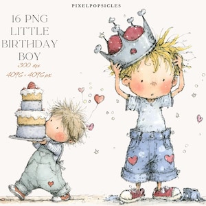 May include: Watercolor illustration of two children. One child wears a crown and blue shorts with heart designs. The other carries a tiered cake. The image includes the text "16 PNG LITTLE BIRTHDAY BOY 300 dpi 4096 x 4096 px" at the top.