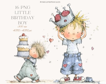 Può includere: Illustrazione ad acquerello di due bambini. Uno indossa una corona e pantaloncini blu con cuori. L'altro porta una torta a più strati. L'immagine include il testo "16 PNG LITTLE BIRTHDAY BOY 300 dpi 4096 x 4096 px".