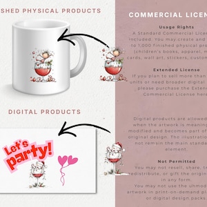 Peut inclure: Un mug en c&eacute;ramique blanche illustr&eacute; d'un personnage dans un verre &agrave; vin, accompagn&eacute; d'un graphique num&eacute;rique avec le texte Let's party! et deux ballons roses en forme de c&oelig;ur. L'image contient du texte d&eacute;taillant les conditions de licence.