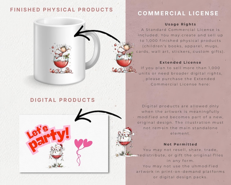 Peut inclure: Un mug en c&eacute;ramique blanche illustr&eacute; d'un personnage dans un verre &agrave; vin, accompagn&eacute; d'un graphique num&eacute;rique avec le texte Let's party! et deux ballons roses en forme de c&oelig;ur. L'image contient du texte d&eacute;taillant les conditions de licence.