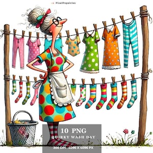 10 Quirky Wash Day Illustration | Exaggerated Cooking & Cleaning Art | Fun Vintage Designs  Scrapbook, Card Making, Journals, Craft Projects