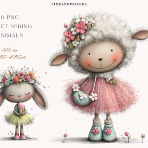 May include: Watercolor illustration of two sweet spring animals. A sheep wearing a pink dress and flower crown, and a bunny holding an ice cream cone. The image includes the text "Sweet Spring Animals" and "Pixel Popsicles".