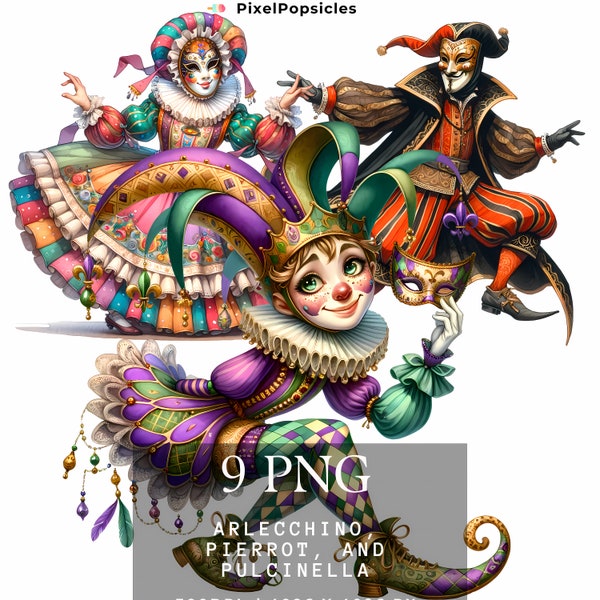 Watercolor Mardi Gras Clipart, 9 PNG Mardi Gras Harlequin, Pierrot,Pulcinella Clipart, Fat Tuesday PNG, Mardi Gras PNG, Commercial Use