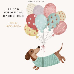 Może przedstawiać: Akwarelowa ilustracja jamnika w turkusowym swetrze, unoszącego się z pękiem kolorowych balonów. Balony są w różnych kolorach i wzorach. Tekst na górze brzmi "PIXELPOPSICLES" i "20 PNG WHIMSICAL DACHSHUND".